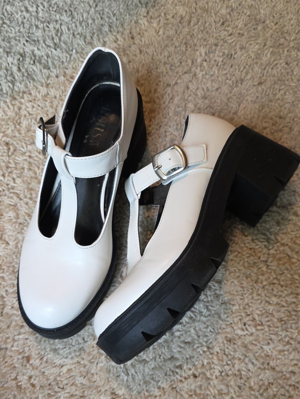 White T-Strap Platform Mary Jane Heels with Black Lug Sole Size 7.5